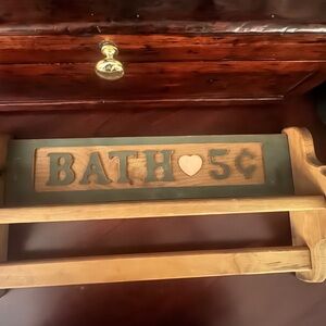 Vintage Wooden "BATH 5 Cents" Towel Rack – Rustic Primitive Wall Shelf